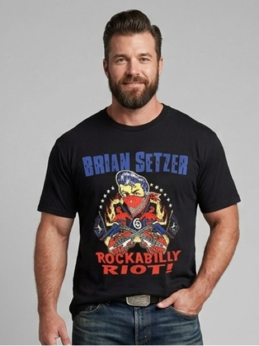BRIAN SETZER Rockabilly Riot! 2023 Tour Tee - Next Level XXL 25” p2p Black EUC